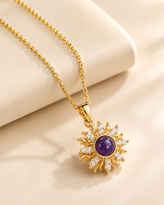 Purple Gemstone Sunburst Pendant Necklace